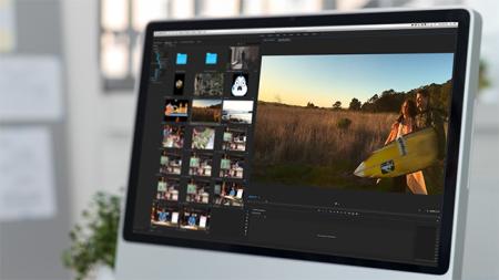 Computer being used for Premiere pro bootcamp course showing video editing.